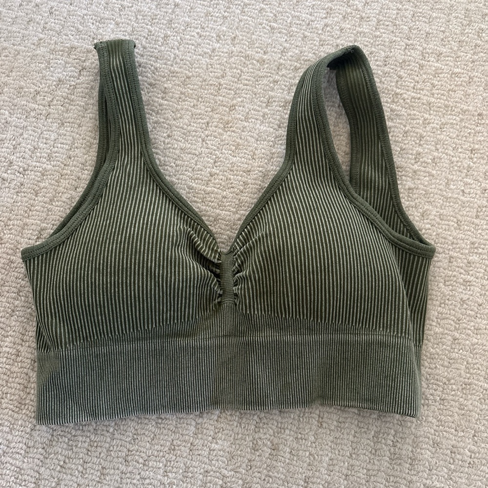 Ribbed Olive Green Sports Bra